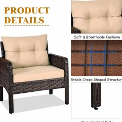 Tangkula 3 Pieces Patio Furniture Set Outdoor Rattan Wicker Coffee Table & Chairs Set with Seat Cushions