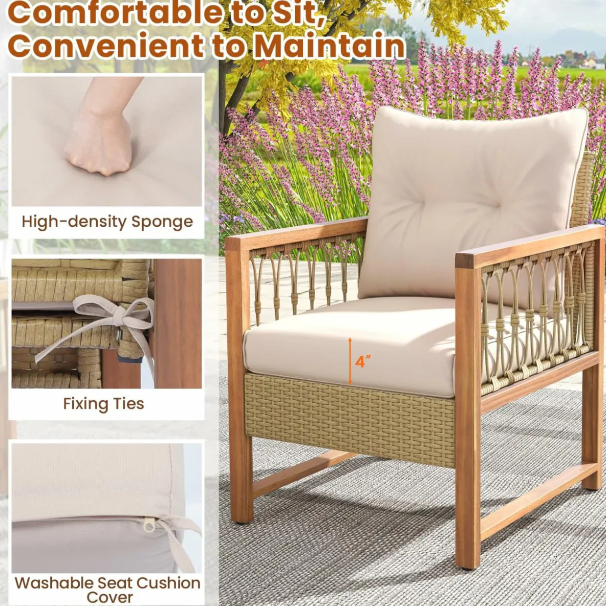 Tangkula 4 Pieces Patio Furniture Set, Outdoor PE Wicker Conversation Bistro Set with Acacia Wood Frame