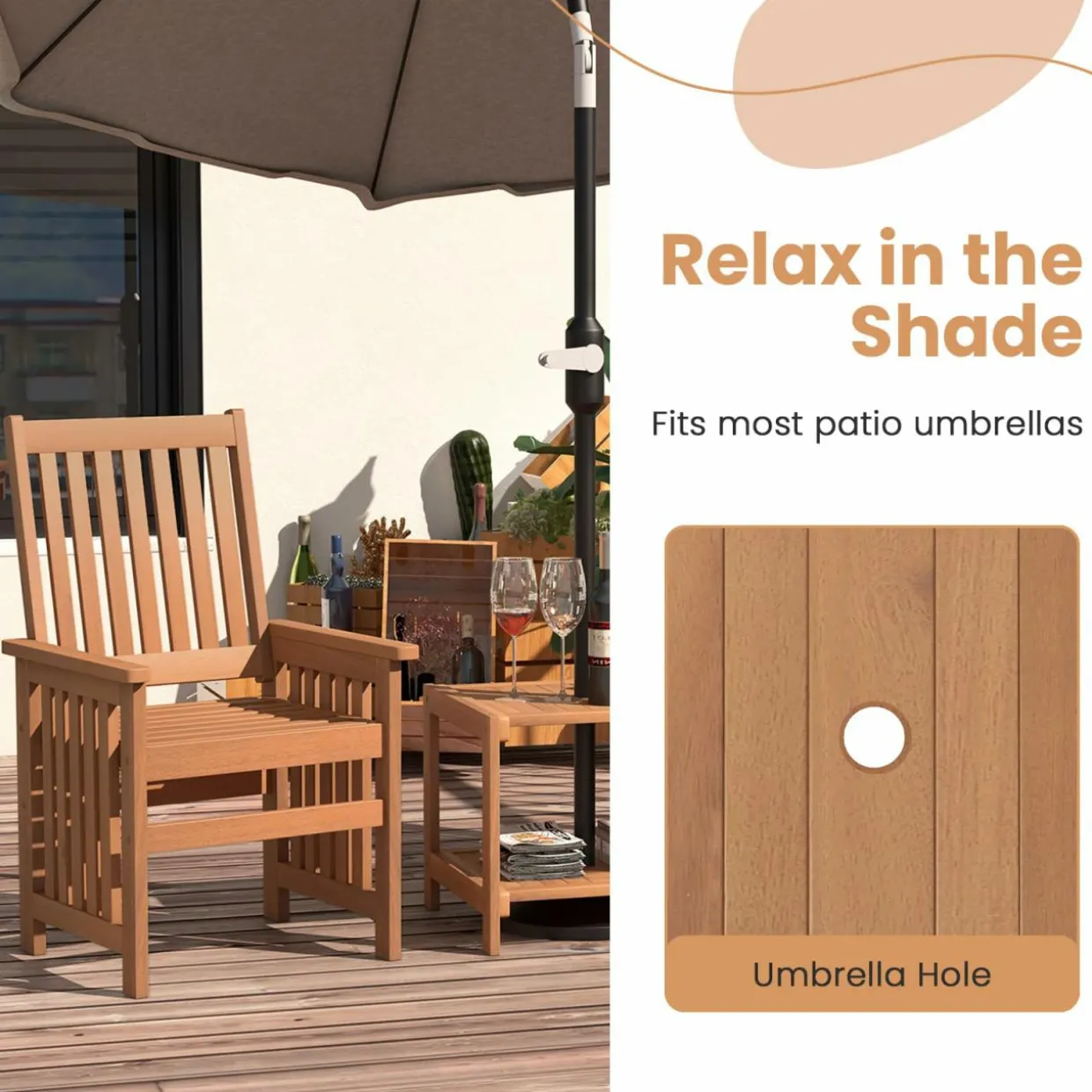 Tangkula 3 Pieces Patio Furniture Set with 1.5” Umbrella Hole, Hardwood Table and Chairs Set, for Porch, Backyard, Poolside