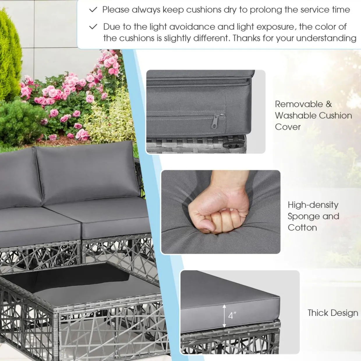 Tangkula 5 Pieces Patio Furniture Set, Patiojoy All Weather Heavy Duty Outdoor PE Rattan (Grey)