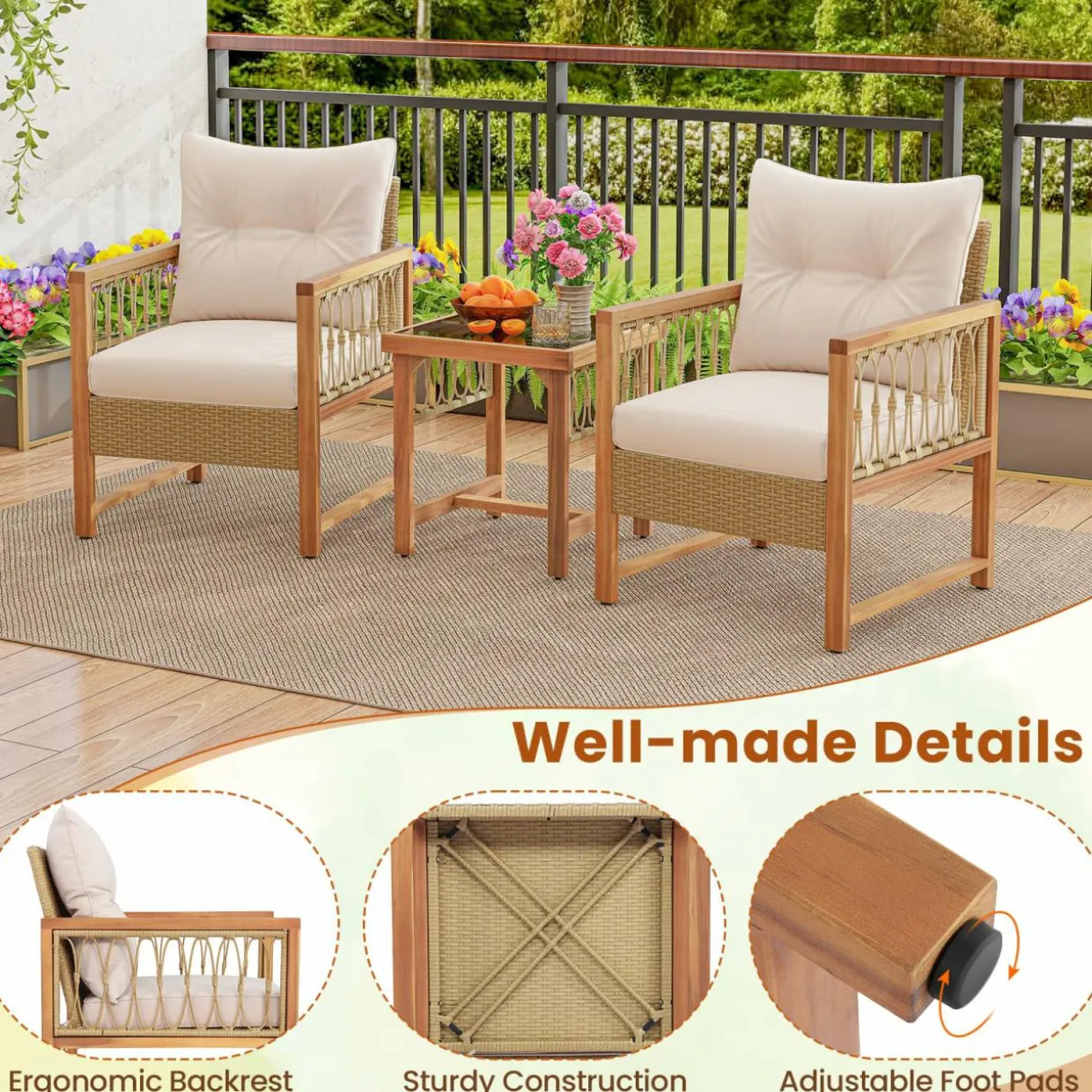 Tangkula 3 Pieces Patio Furniture Set, Outdoor PE Wicker Conversation Bistro Set with Acacia Wood Frame