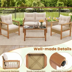 Tangkula 4 Pieces Patio Furniture Set, Outdoor PE Wicker Conversation Bistro Set with Acacia Wood Frame
