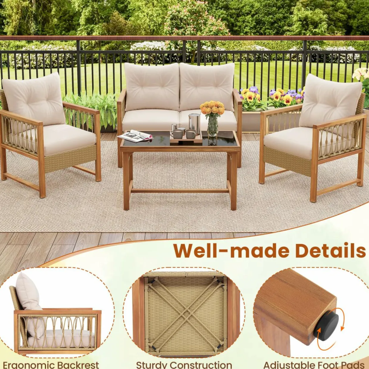 Tangkula 4 Pieces Patio Furniture Set, Outdoor PE Wicker Conversation Bistro Set with Acacia Wood Frame