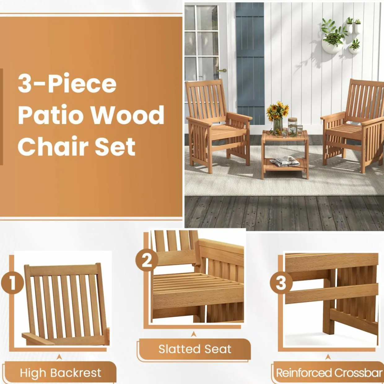 Tangkula 3 Pieces Patio Furniture Set with 1.5” Umbrella Hole, Hardwood Table and Chairs Set, for Porch, Backyard, Poolside