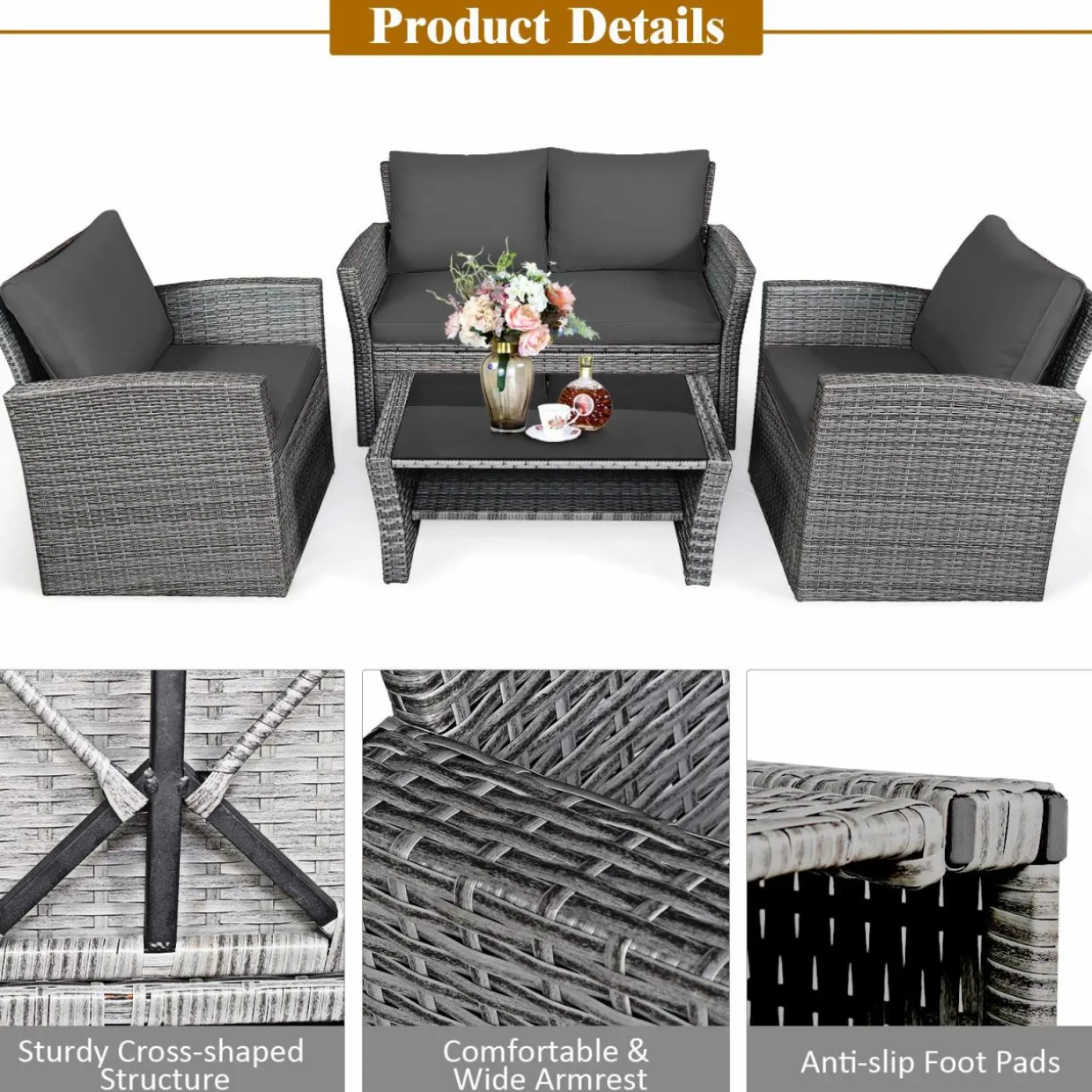 Tangkula 4 Pieces Patio Furniture Set, All Weather Outdoor Sectional Rattan Sofa Set