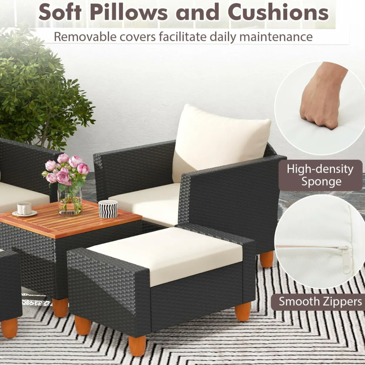 Tangkula 5 Pieces Patio Furniture Set, PE Rattan Chairs with Storage Table
