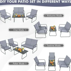Tangkula 4 Pieces Patio Furniture Set with Tempered Glass Coffee Table (Gray)