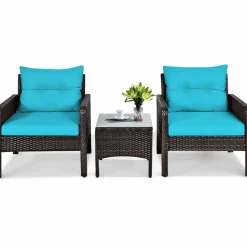 Tangkula 3 Pieces Patio Furniture Set Outdoor Rattan Wicker Coffee Table & Chairs Set with Seat Cushions