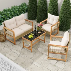 Tangkula 4 Pieces Patio Furniture Set, Outdoor PE Wicker Conversation Bistro Set with Acacia Wood Frame