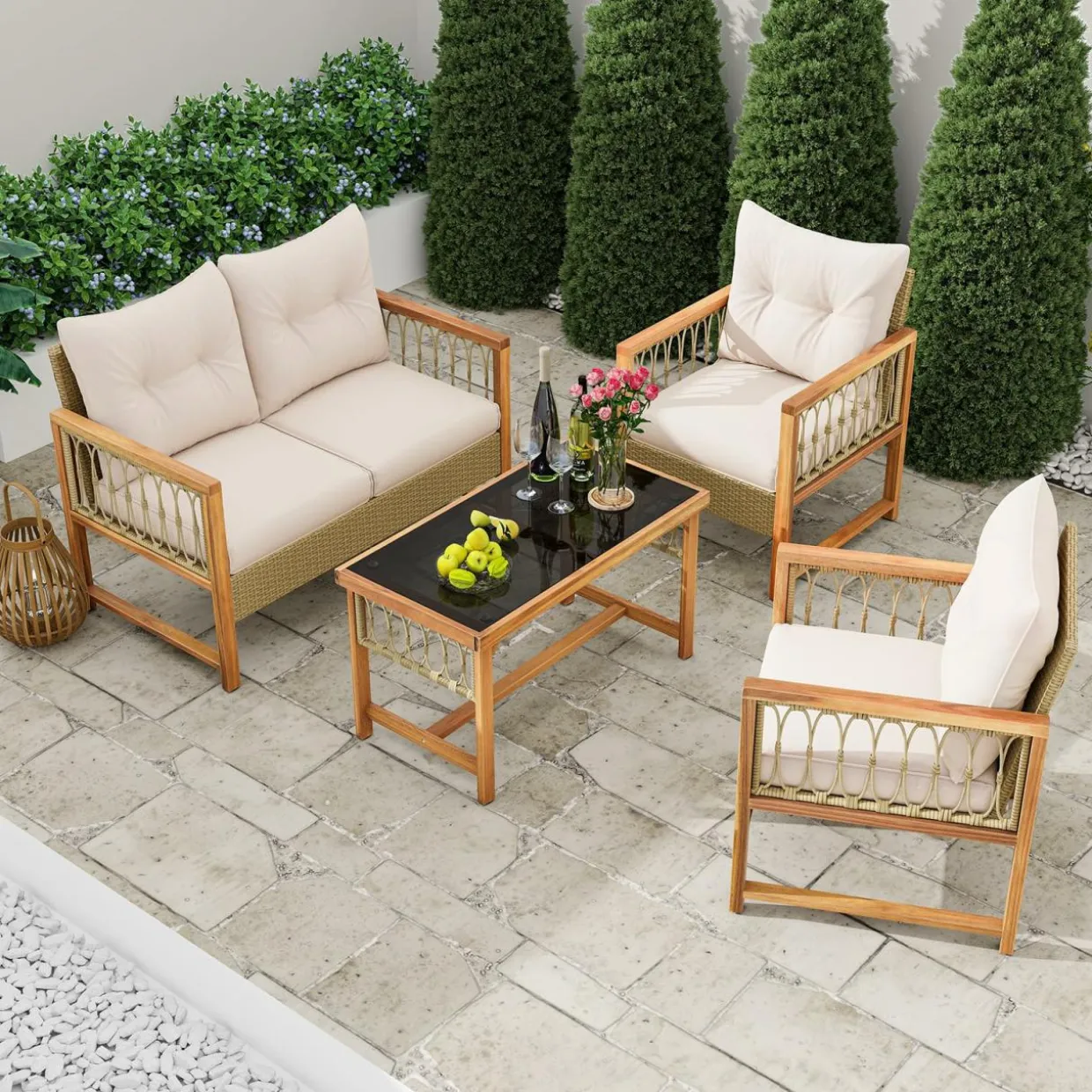 Tangkula 4 Pieces Patio Furniture Set, Outdoor PE Wicker Conversation Bistro Set with Acacia Wood Frame