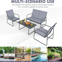 Tangkula 4 Pieces Patio Furniture Set with Tempered Glass Coffee Table (Gray)