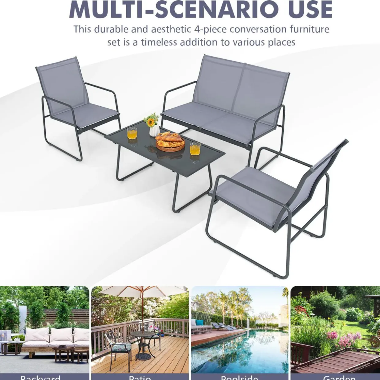 Tangkula 4 Pieces Patio Furniture Set with Tempered Glass Coffee Table (Gray)