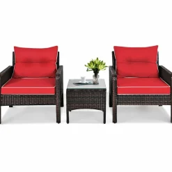 Tangkula 3 Pieces Patio Furniture Set Outdoor Rattan Wicker Coffee Table & Chairs Set with Seat Cushions