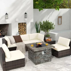 Tangkula 7 Pieces Patio Furniture Set with 50,000 BTU Fire Pit Table, Outdoor PE Wicker Conversation Sofa Set with Cushions