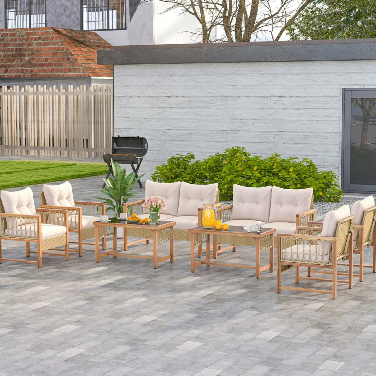 Tangkula 4 Pieces Patio Furniture Set, Outdoor PE Wicker Conversation Bistro Set with Acacia Wood Frame