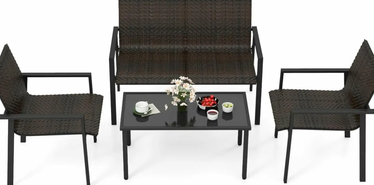 Tangkula 4 Pieces Patio Furniture Set, Patiojoy Heavy Duty Galvanized Metal Frame Outdoor Wicker Table and Chairs Set