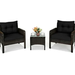 Tangkula 3 Pieces Patio Furniture Set Outdoor Rattan Wicker Coffee Table & Chairs Set with Seat Cushions