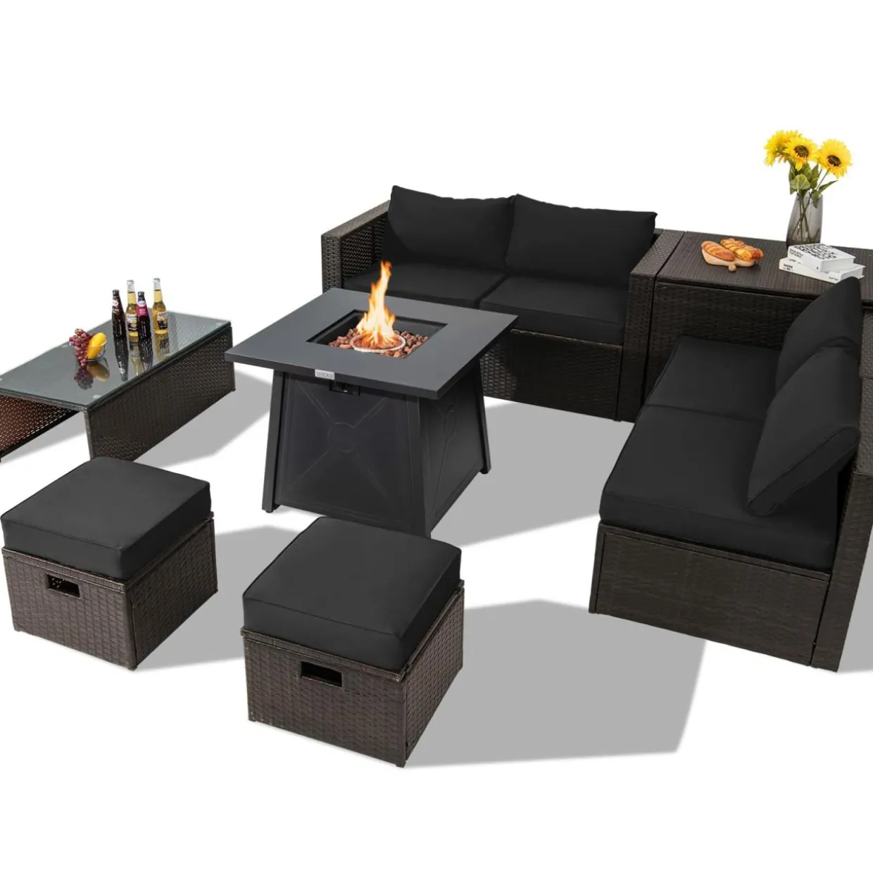 Tangkula 9 Pieces Patio Furniture Set with 30" Propane Fire Pit Table