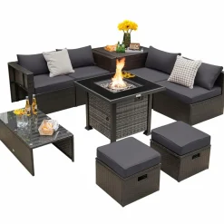 Tangkula 9 Pieces Patio Furniture Set with 50,000 BTU Propane Fire Pit Table
