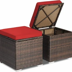 Tangkula 2 Pieces Patio Ottomans, Patiojoy Hand-Woven PE Rattan Side Table with Removable Cushion & Hidden Storage Space