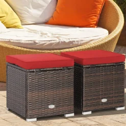 Tangkula 2 Pieces Patio Ottomans, Patiojoy Hand-Woven PE Rattan Side Table with Removable Cushion & Hidden Storage Space