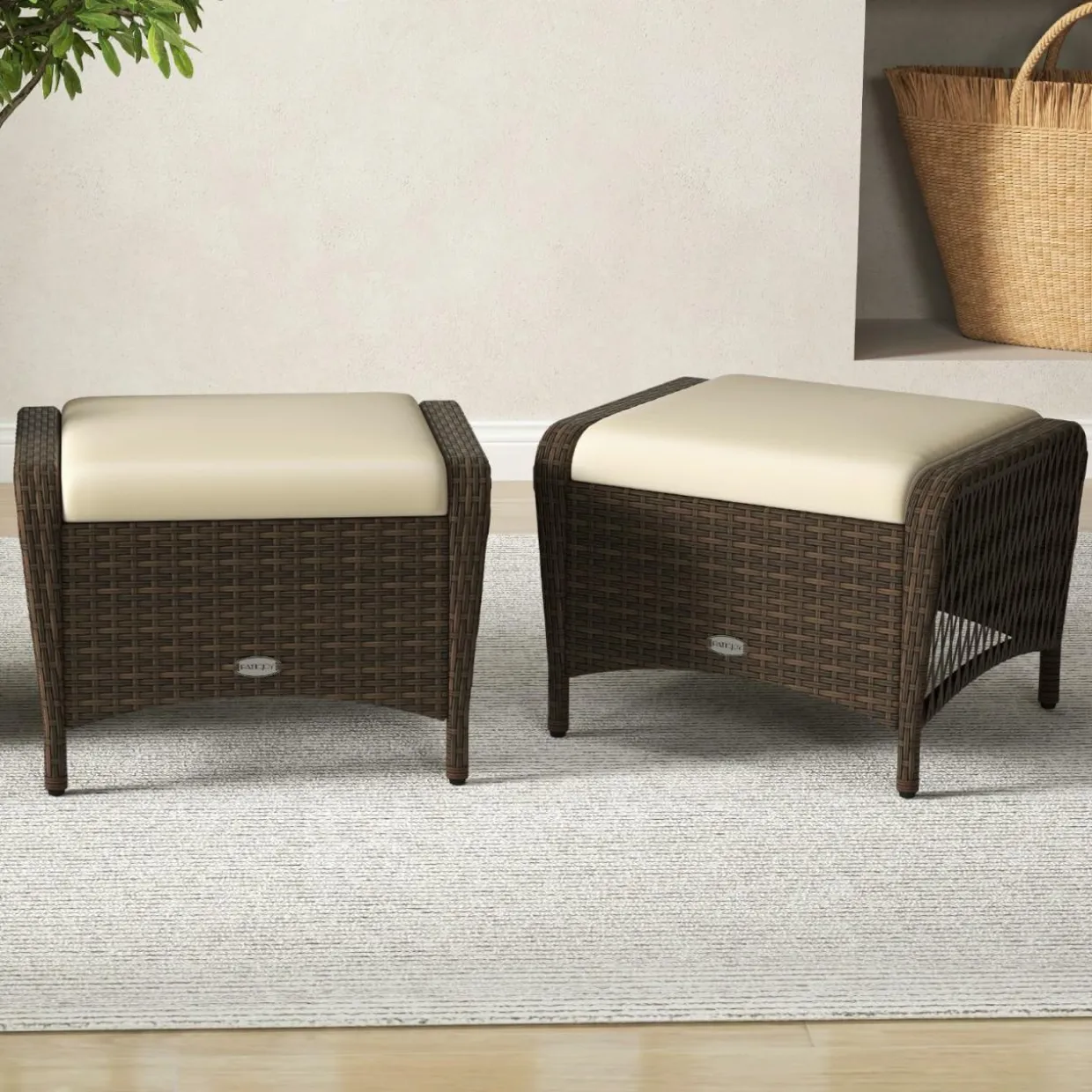 Tangkula 2 Pieces Patio PE Wicker Ottomans with Removable Cushions