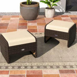 Tangkula 2 Pieces Patio PE Wicker Ottomans with Removable Cushions