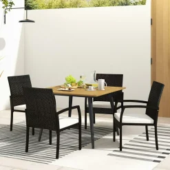 Tangkula 5 Pieces Patio PE Wicker Dining Set, Outdoor Dining Table and Chairs with Cushions