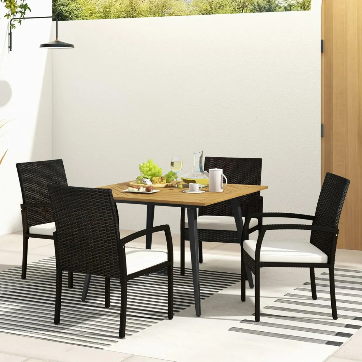 Tangkula 5 Pieces Patio PE Wicker Dining Set, Outdoor Dining Table and Chairs with Cushions