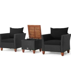 Tangkula 3 Pieces Patio Porch Furniture Set, PE Rattan Wicker Chair Conversation Set with Cushions and Storage Table