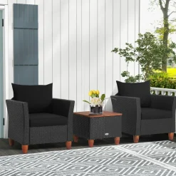 Tangkula 3 Pieces Patio Porch Furniture Set, PE Rattan Wicker Chair Conversation Set with Cushions and Storage Table