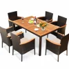 Tangkula 7 Pieces Patio Rattan Dining Set, Outdoor Conversation Set w/Acacia Wood Tabletop & Umbrella Hole, Stackable Chairs w/Soft Cushion