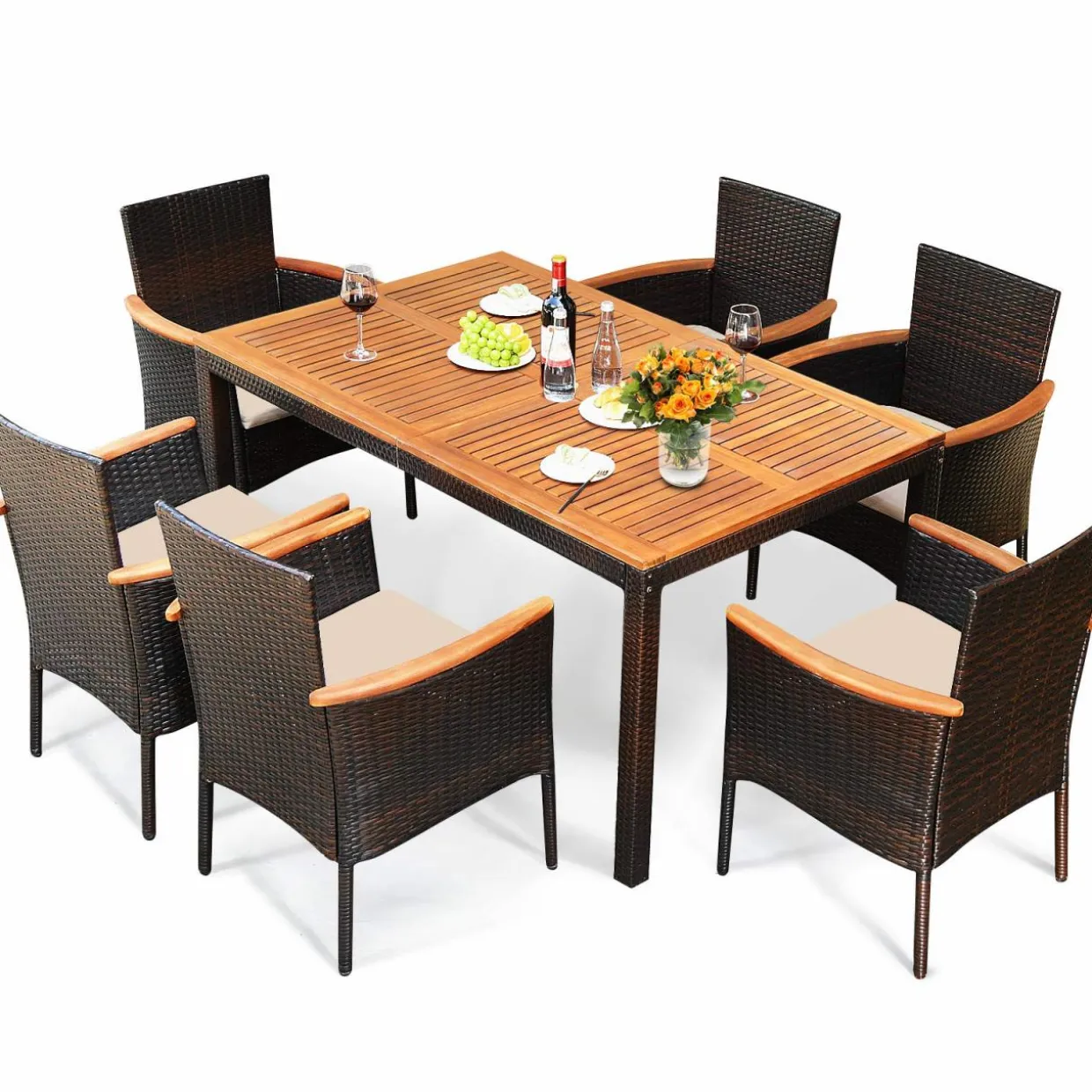 Tangkula 7 Pieces Patio Rattan Dining Set, Outdoor Conversation Set w/Acacia Wood Tabletop & Umbrella Hole, Stackable Chairs w/Soft Cushion