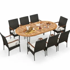 Tangkula 9 Pieces Patio Rattan Dining Set, Outdoor Oval Acacia Wood Dining Table and Wicker Armchairs Set with Umbrella Hole