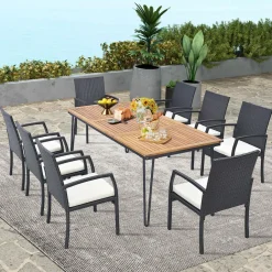 Tangkula 9 Pieces Patio Rattan Dining Set with Acacia Wood Table