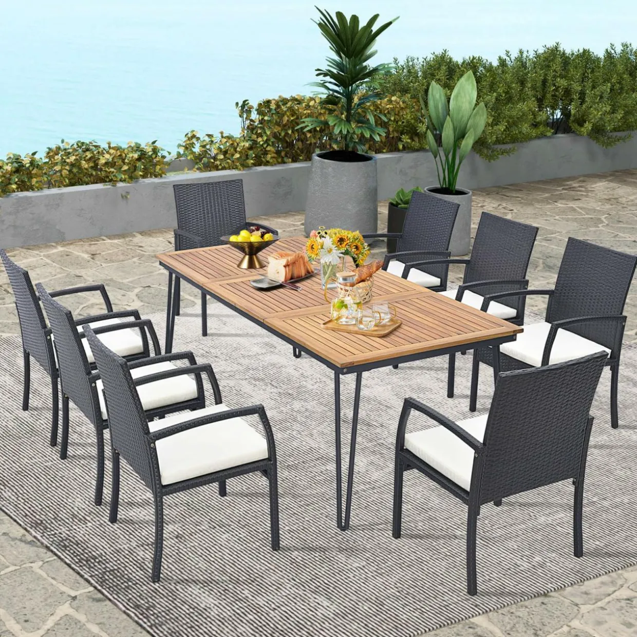 Tangkula 9 Pieces Patio Rattan Dining Set with Acacia Wood Table