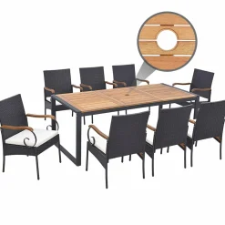 Tangkula 9 Pieces Patio Rattan Dining Set with Acacia Wood Table, Outdoor Table and Chairs Set with Cushions