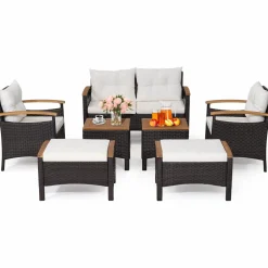 Tangkula 7 Pieces Patio Rattan Sofa Set, Outdoor Wicker Conversation Set