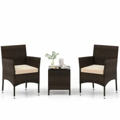 Tangkula 3 Pieces Patio Rattan Furniture Set, Outdoor Conversation Set with PE Wicker Armchairs