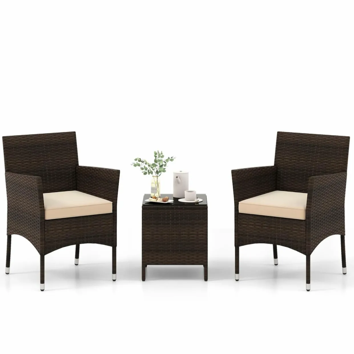 Tangkula 3 Pieces Patio Rattan Furniture Set, Outdoor Conversation Set with PE Wicker Armchairs