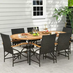Tangkula 9 Pieces Patio Rattan Dining Set, Outdoor Oval Acacia Wood Dining Table and 8 Patio Wicker Armchairs Set with Umbrella Hole