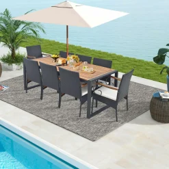 Tangkula 9 Pieces Patio Rattan Dining Set with Acacia Wood Table, Outdoor Table and Chairs Set with Cushions
