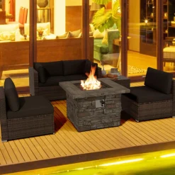 Tangkula 6 Pieces Patio Rattan Sofa Set, Patiojoy Outdoor Wicker Set w/ 34.5" Faux Stone Fire Pit Table