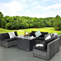 Tangkula 9 Pieces Patio Rattan Furniture Set, Patiojoy Sectional Sofa Set with Fire Pit Table,Waterproof Covers Includes