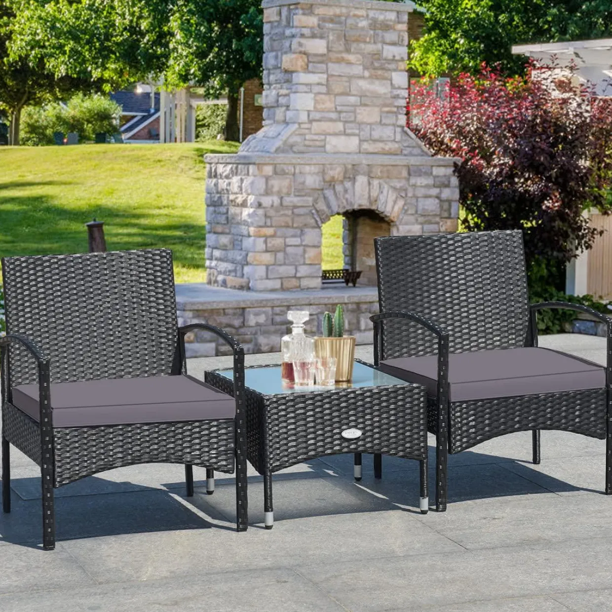 Tangkula 3 Pieces Patio Rattan Conversation Set