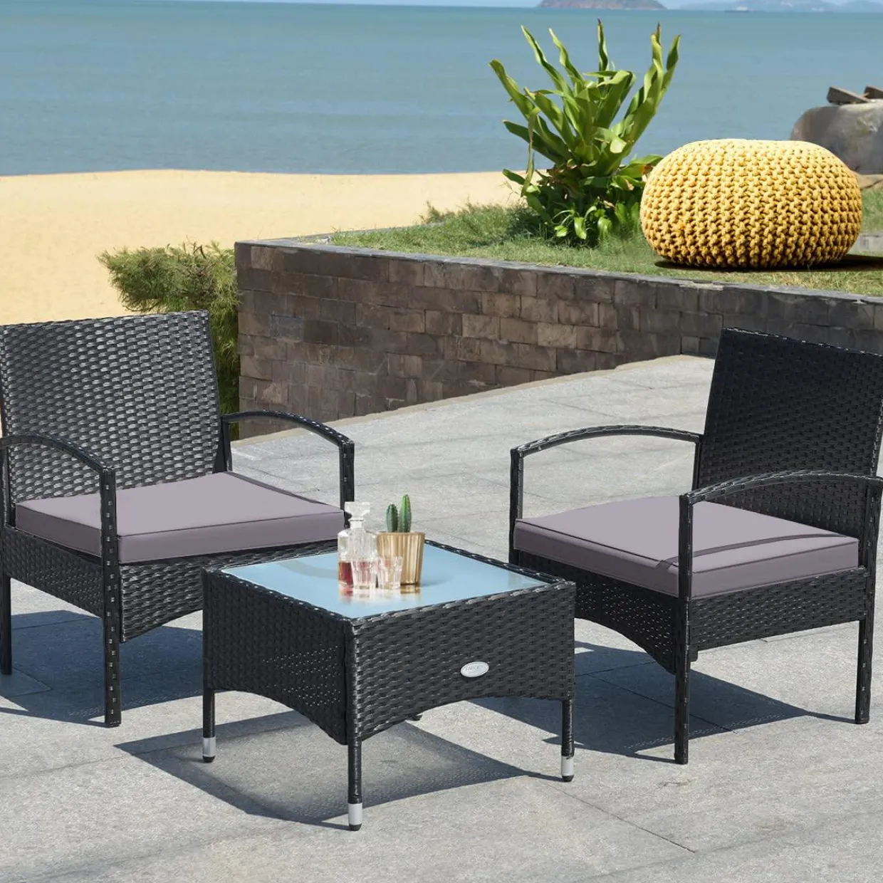 Tangkula 3 Pieces Patio Rattan Conversation Set