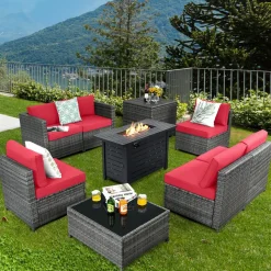Tangkula 9 Pieces Patio Rattan Furniture Set, Patiojoy Sectional Sofa Set w/Storage Box, Coffee Table, Outdoor Wicker Conversation Set