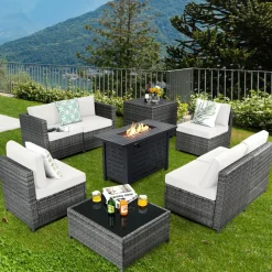 Tangkula 9 Pieces Patio Rattan Furniture Set, Patiojoy Sectional Sofa Set w/Storage Box, Coffee Table, Outdoor Wicker Conversation Set