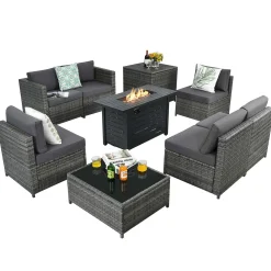 Tangkula 9 Pieces Patio Rattan Furniture Set, Patiojoy Sectional Sofa Set w/Storage Box, Coffee Table, Outdoor Wicker Conversation Set