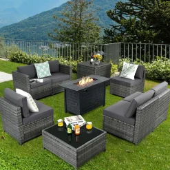 Tangkula 9 Pieces Patio Rattan Furniture Set, Patiojoy Sectional Sofa Set w/Storage Box, Coffee Table, Outdoor Wicker Conversation Set